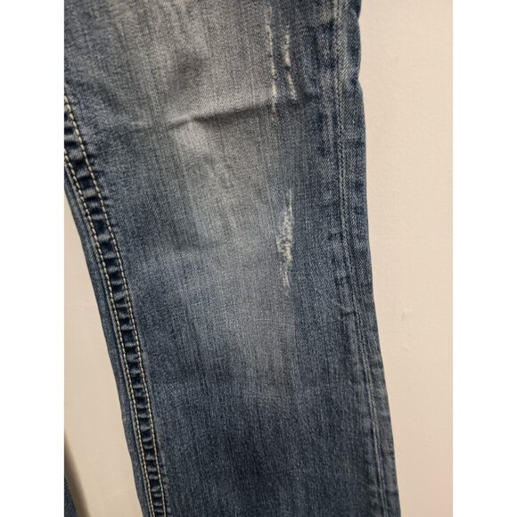 VTG Y2K Rerock For Express Bootcut Jeans Womens Sz 4 Short Blue Denim Distressed - Picture 3 of 12